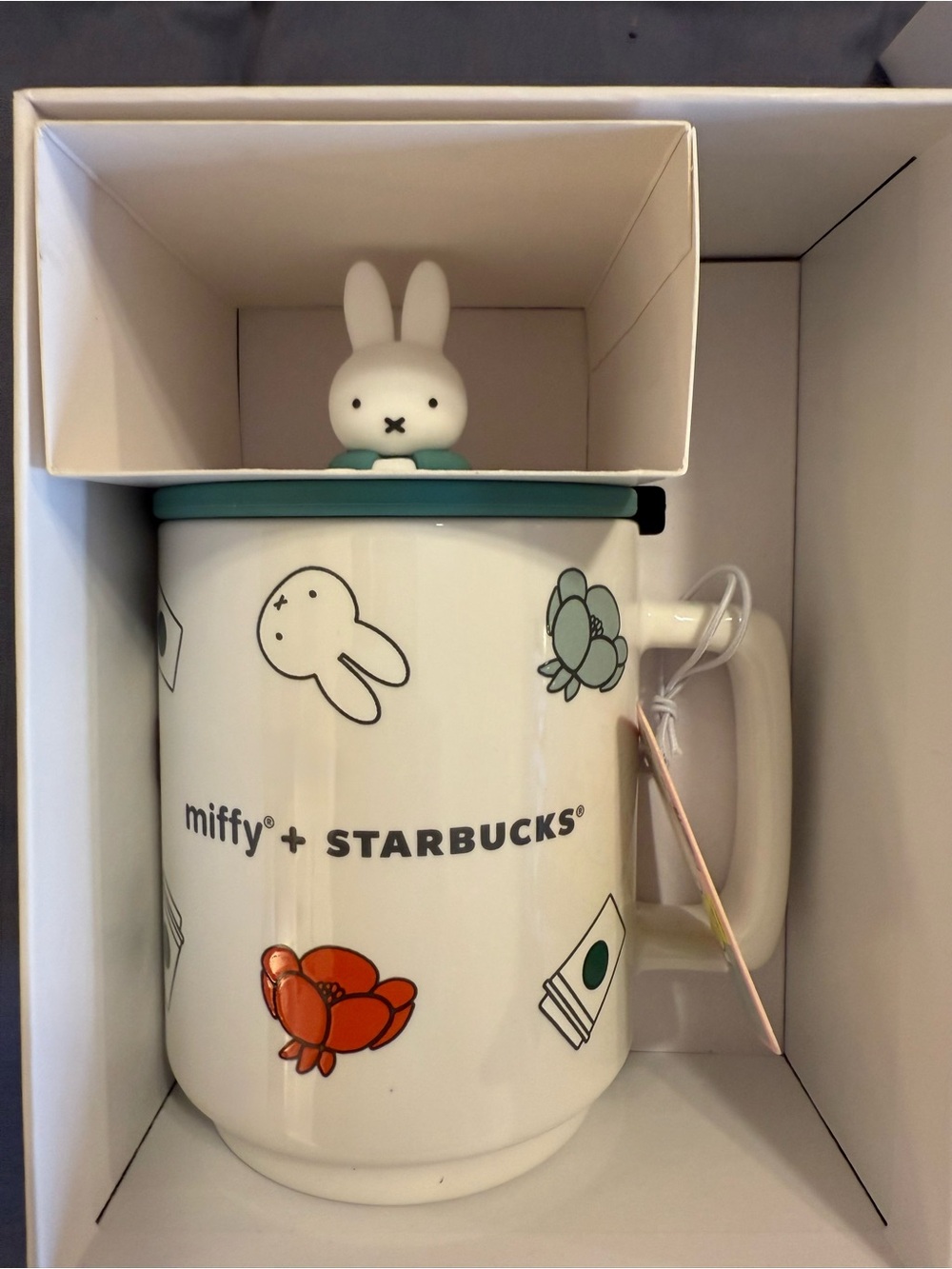 Limited-edition Starbucks x Miffy ceramic mug, silicone lid w/3D Miffy figure.
